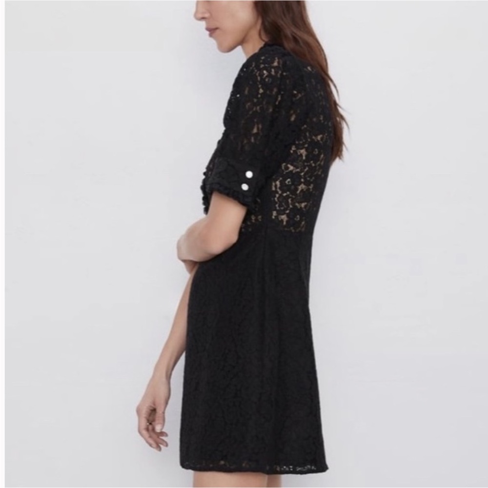 Zara Black Lace Mini Dress With Jewel Buttons Semi Sheer Puff Sleeve - Picture 2 of 9